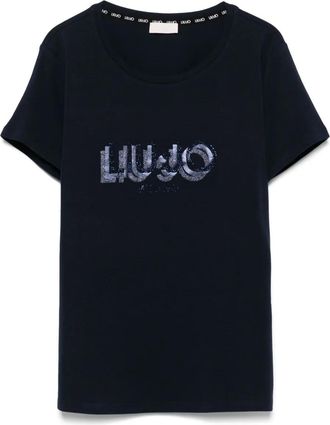 Liu Jo crystal-logo T-shirt - women - Cotton - S - Blue