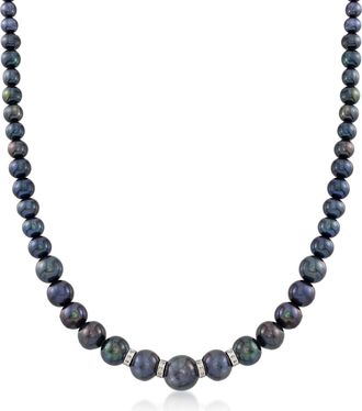 Ross-Simons 5-11.5mm Graduated Black Cultured Pearl Necklace With. Diamonds and Sterling Silver