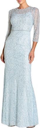 Mac Duggal Beaded Embroidery Elbow Sleeve Column Gown in Powder Blue at Nordstrom, Size 10