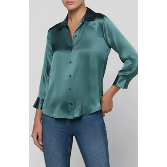 L'agence Dani Silk Charmeuse Blouse in Cadet Blue at Nordstrom, Size Xx-Large