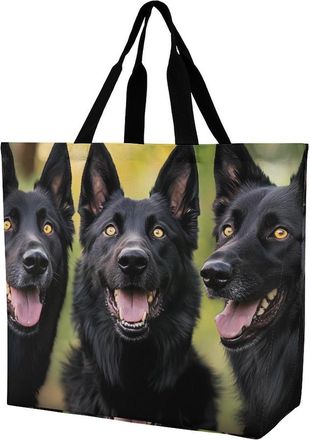 Generic Three Black German Shepherd Dogs Reusable Shopping Bags One Shoulder Grocery Tote Bag Waterproof Big Purse for Work Travel