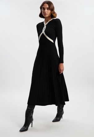 Karen Millen Womens Petite Rib Knit Trim Detail Full Skirt Midi Dress - Monochrome Multi Polyamide - Size Small