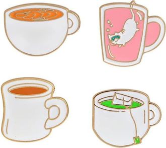 Generic 4Pcs Tea Cup Coffee Enamel Brooch Pin Cartoon Badge Jeans Collar Jewelry Set Clothes Accessory