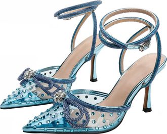 Generic Heel Sandals for Women 8.5CM Pointed toe Sexy Ankle Strap Transparent TPU Rhinestones Bow Party Dress Heel (Blue,10.5)