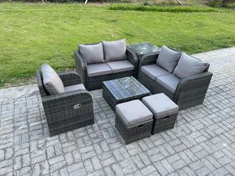 Fimous 7 Piece Garden Furniture Sets 7 Seater Outdoor Patio Furniture Set Weaving Wicker Rattan Sofa Chair & Table with 2 Small Footstools