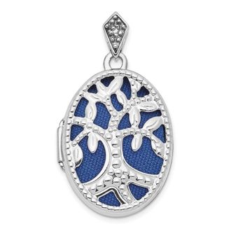 Diamond2Deal 14K White Gold Diamond Cut-out Tree with Blue Fabric Interior 23mm Oval Locket
