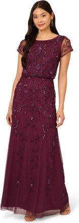Adrianna Papell Womens Beaded Blouson Long Dress - Red - Size 10 UK