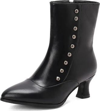 Generic Womens Casual Mid Calf Boots Pointed Toe High Square Heel With Side Zipper Rivet Detail And Platform Daily Booties