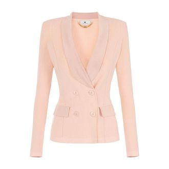 Elisabetta Franchi Gebreid Jasje met Glanzende Viscose Details - Dames - Jassen - Beige - Maat: L Viscose