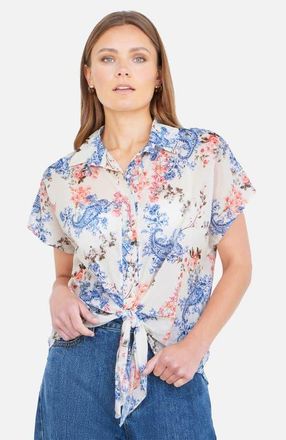 Yumi Cotton Paisley Print Tie Knot Shirt in White at Nordstrom, Size 12