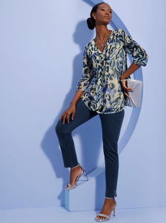 Cr&eacute;ation L Longbluse CREATION L, Damen, Gr. 36, champagner, royalblau, bedruckt, 100% Polyester, gemustert, mehrfarbig, V-Ausschnitt, Blusen Longbluse