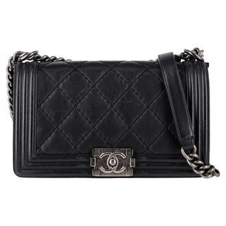 Chanel Pre-owned Womens Quilted Medium Double Stitch Boy Flap Bag in Black Leather Sheepskin - One Size