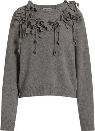 Alberta Ferretti Merinowollen trui met bloemenborduursel - Dames - Ronde hals truien - Grijs - S - Wol - Truien & Vesten