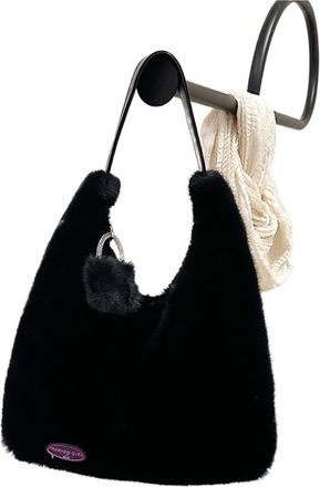 Generic Womens Plush Bags Simple Womens Shoulder Bag Winter Travel Tote Female Soft Fluffy Plush Handbag Large Capacity Shopping(Black)