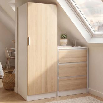 IDMarket Armario De 1 Puerta Ambre Con Arc&oacute;n De 3 Cajones 100 Cm Modular Acabado Haya Y Blanco