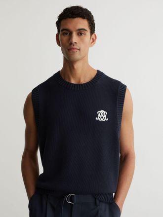 Reiss Navy Monogram Embroidered Relaxed Knit Vest, Xxl