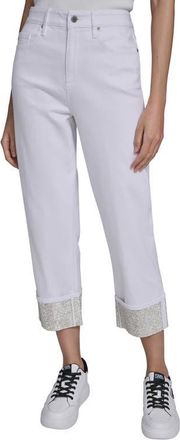 Karl Lagerfeld Rhinestone Cuff Ankle Straight Leg Jeans in White Denim at Nordstrom, Size 10