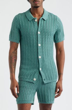 MAVRANS Salt Water Knit Button-Up Shirt in Teal at Nordstrom, Size Xx-Large