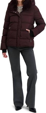 Elie Tahari Short Quilted Puffer Jacket With Faux Fur Collar & Detachable Hood In Merlot