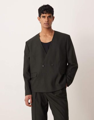 Asos Giacca da abito squadrata a righe color pietra-Neutro