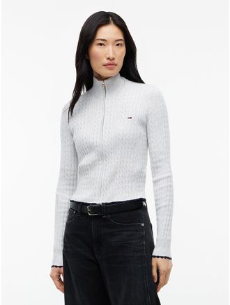Tommy Hilfiger Womens Tommy Jeans Mini Cable Knit Zip Sweater - Ice Grey Heather - XXS