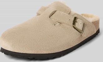 Birkenstock Hausschuhe aus echtem Leder mit Fell-Besatz Modell BOSTON in Taupe, Größe 36