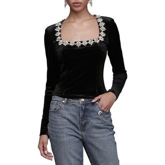 Avec Les Filles Jewel Embellished Velour Top in Black at Nordstrom Rack, Size X-Large