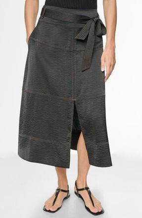 DKNY Tie Waist Contrast Stitch Midi Skirt in Black at Nordstrom, Size 14