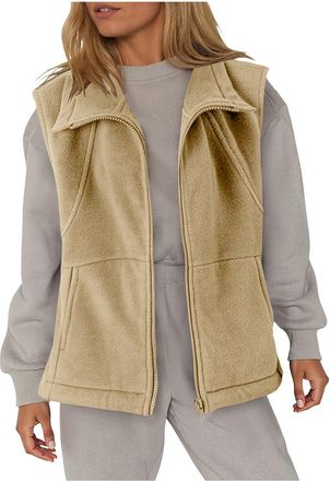 Generic Gilet for Women UK Soft Sleeveless Ladies Fleece Jackets Full Zip Cozy Warm Outwear Loose Casual Teddy Fuzzy Vest Waistcoat Lightweight Lapel Collar A
