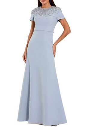 Mac Duggal Short Sleeve Beaded High Neck Crepe Gown in Powder Blue at Nordstrom, Size 14