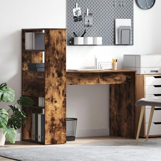 Berkfield Home Desk with Storage Smoked Oak 113x54x120 cm Engineered Wood in Brown | Size: 113 x 54 x 120 cm