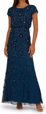 Adrianna Papell Bateau Floor-Length Mesh Beaded Formal A-Line Gown In Deep Blue