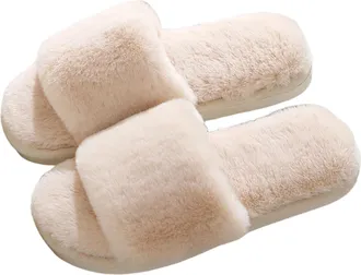 Generic Womens Slippers Fluffy Memory Foam Open Toe Comfortable Plush Indoor Anti-slip Slippers khaki 5/5.5 UK