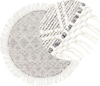 Beliani Alfombra De Lana Gris Blanco Crema 140 Cm Poli&eacute;ster A Mano Geom&eacute;trico Borlas Buldan