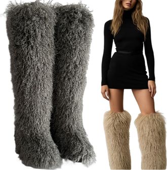 Generic Fluffy Thigh High Boots, 28in Over The Knee Fluffy Boots For Women, Black Thigh High Fur Shoes, Tall Furry Shoes (10.5,Gray)