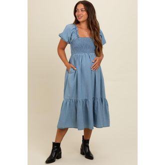 Pinkblush Vintage Wash Chambray Smocked Midi Dress in Light Blue at Nordstrom, Size Medium
