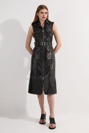 Karen Millen Womens Leather Contrast Stitch Belted Sleeveless Midi Dress - Black - Size 10 UK