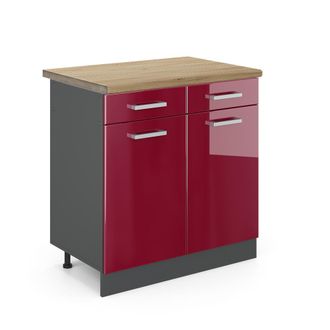 Vicco Mueble Bajo De Cocina R-line, Rojo Burdeos Alto Brillo, 80 Cm, Et Roble