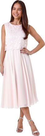 Roman Womens Petite Lace Overlay Midi Dress - Pink - Size 16 UK