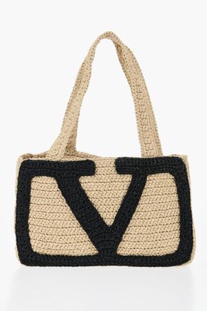 Valentino Borsa Tote in Rafia con Monogram a Contrasto Valentino
