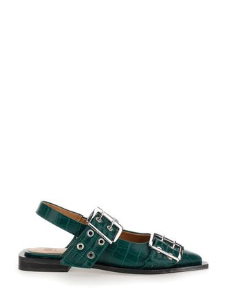 Ganni Green Ballet Shoes With Double Buckle And Pointed Design In Leather Woman