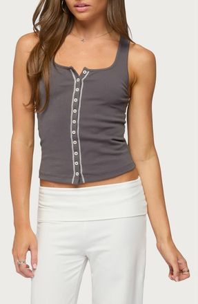 Edikted Contrast Button Up Ribbed Tank in Dark-Gray at Nordstrom, Size X-Small
