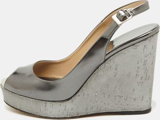 Jimmy Choo London Metallic Grey Leather Cork Platform Wedge Slingback Sandals