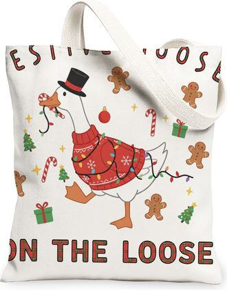 Generic Holiday Goose Canvas Tote Bags, Festive Animal Pattern Reusable Grocery Bags, Winter Joyful Vintage Lightweight Washable Sh, White, 13x15 Inch