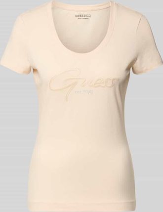 Guess T-Shirt mit U-Ausschnitt Modell SCRIPT in Koralle, Gr&ouml;&szlig;e XL
