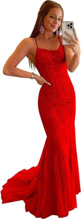 Generic Mermaid Long Party Dresses for Teens Spaghetti Strap Tulle Prom Gowns Backless Lace Applique Formal Evening Dress Red