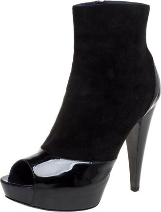 Sergio Rossi Black Suede And Patent Leather Peep Toe Platform Booties