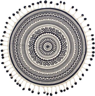 Beliani Beliani - Handwoven Cotton White Navy Blue Rug ø 120 cm Boho Pattern Tassels Living Room Tatvan