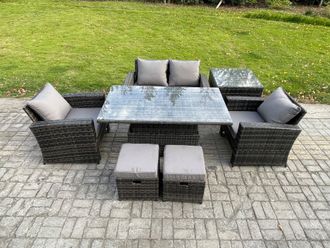 Fimous Outdoor Garden Dining Sets Rattan Patio Furniture Sofa Set with Rising Lifting Table Side Table in Dark Grey