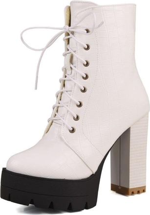 Generic Womens Fashion Ankle Boots Faux Leather Crocodile Pattern Lace Up Block Heels Platform Comfortable Anti Slip Wear Resistant For Party Daily Street Sty